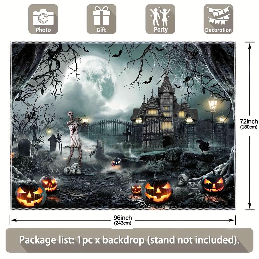Halloween background cloth, terrifying moonlit party photo background, pumpkin lantern banner decoration in the cemetery