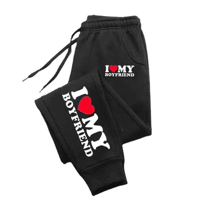 

I Love My Boyfriend Print Pants Woman Man Couple Sweatpants Loose Casual Warm Pants Pocket Drawstring Sportswear S чорний