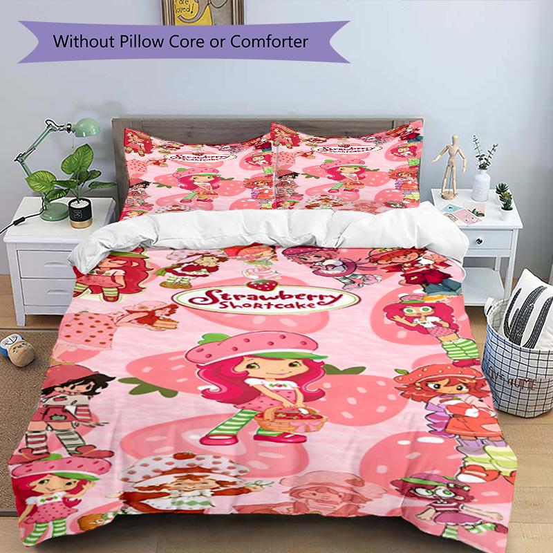 Set cuvertură de pilota 3 buc (1 * Husă de pilota + 2 * Față de pernă, Fără Miez), Set de așternut cu imprimeu Strawberry Shortcake, Decor pentru dormitor, Pentru toate anotimpurile, Cadou de ziua de naștere