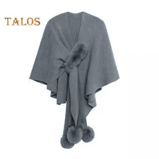 Damen-Umhang, Schal, V-Ausschnitt, einfarbig, Plüsch-Ball-Dekor, Kreuz-Design, warm, vielseitiger Strickschal, Alltagskleidung