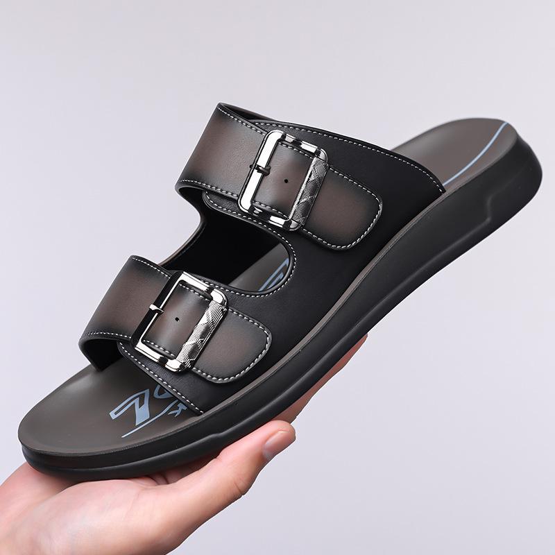 Fashion Double Buckle Designer Leather Slippers for Men Summer New Fashion Casual Dress Slipper Man Soft-soled Breathable Beach Shoes