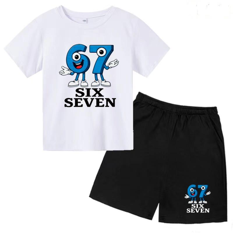 Children Summer Six Seven 67 Cartoon Print Casual Set Clothes T-shirt+Shorts 2P Charming Boy Girl Toddler 3-12 Yrs Short-sleeved