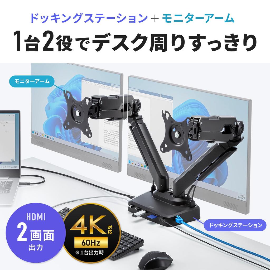 Sanwa Supply Monitor Arm with Docking Station Gas Spring (Dual Arm, Type) CR-LACDK2402BK