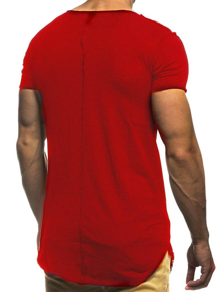 Men's Casual Patchwork Frayed Hem Round Neck Short Sleeve T-shirt
