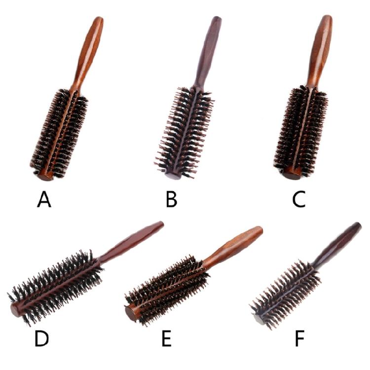Straight Twill Boar Bristle Hair Round Brush Wood Handle Rolling Styling Comb