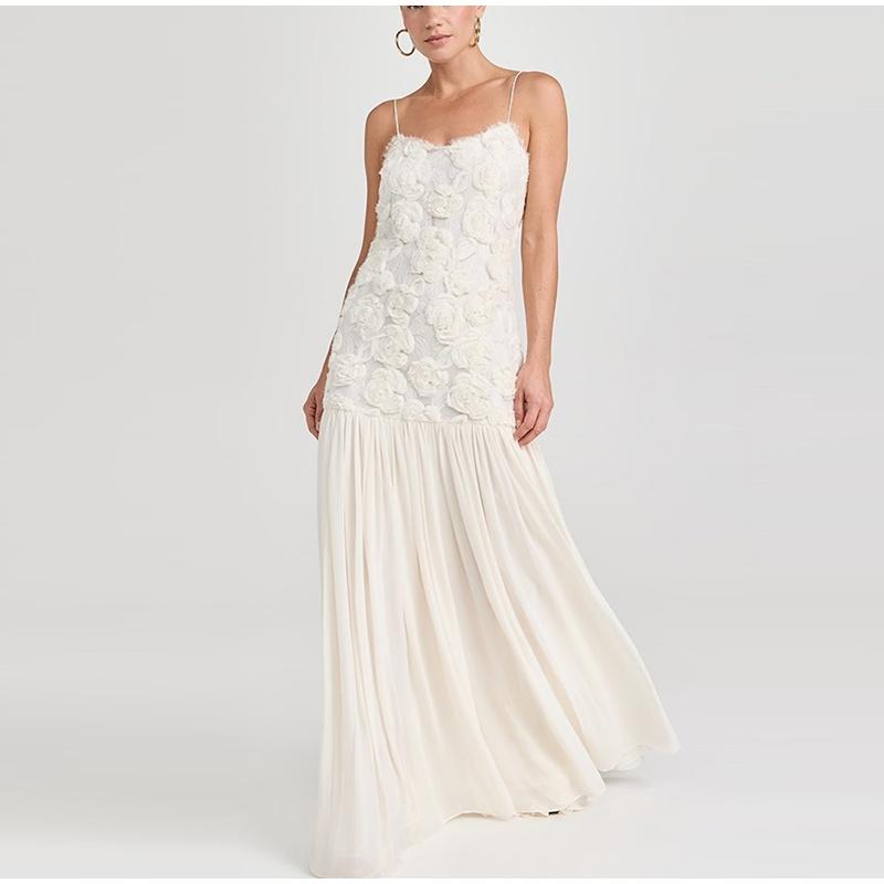 Women's Chiffon Dress Elegant White Backless 3D Flower Strap Dress Pleated A-line Patchwork Design Summer Beach Vacation Robe Evening Vestidos Dress