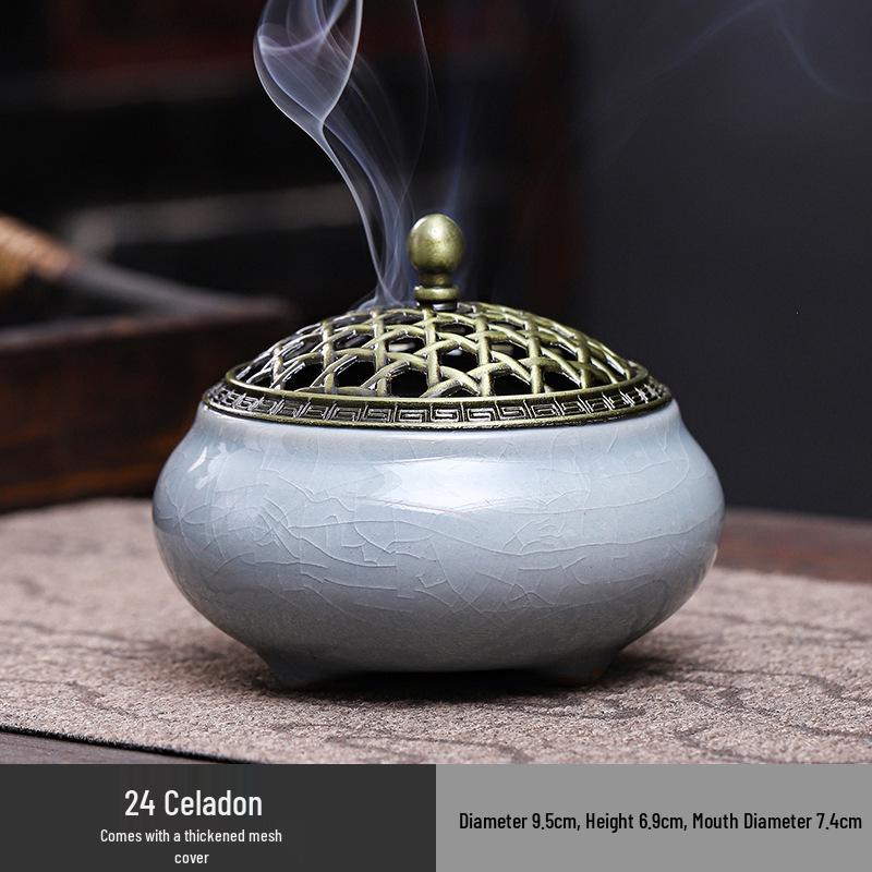 Celadon Ceramic Incense Burner - Antique Style, Small Size, Ice Crack Kiln, Sandalwood Incense Holder.