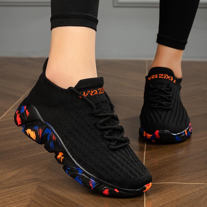 Women s Sock Sneakers Breathable Knit Lace-up Non-slip Colorful Sole Men Casual Shoes 35