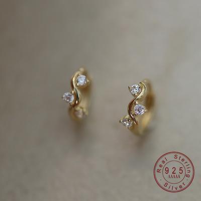 925 Sterling Silver Plated 14K Gold Exquisite Sparkling Zircon Geometric Wave Earrings for Women Simple Temperament Ear Accessor