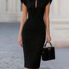 Women's Midi Dress Bow Tie Neck Cap Sleeve Bodycon Slim Fit Elegant Office Dress