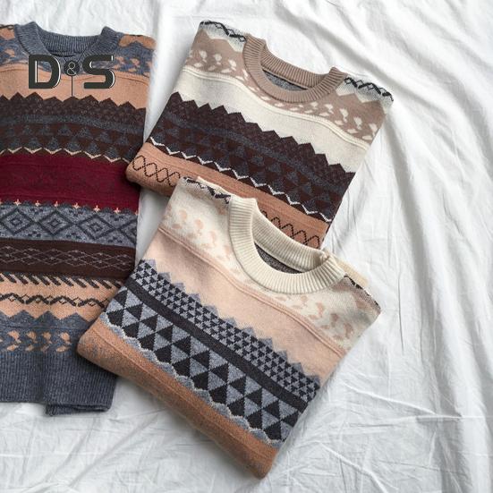 Women Autumn Winter Loose Fit Sweater O Neck Long Sleeve Pullover Tops Striped Print Knitting Jumpers Casual Knitwear