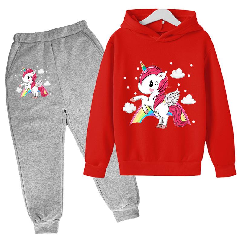 Girls' Hoodie Set Casual Sports Hoodie Set Cartoon Unicorn Print Spring and Autumn CuHK Children Long-sleeved Two-piece Set