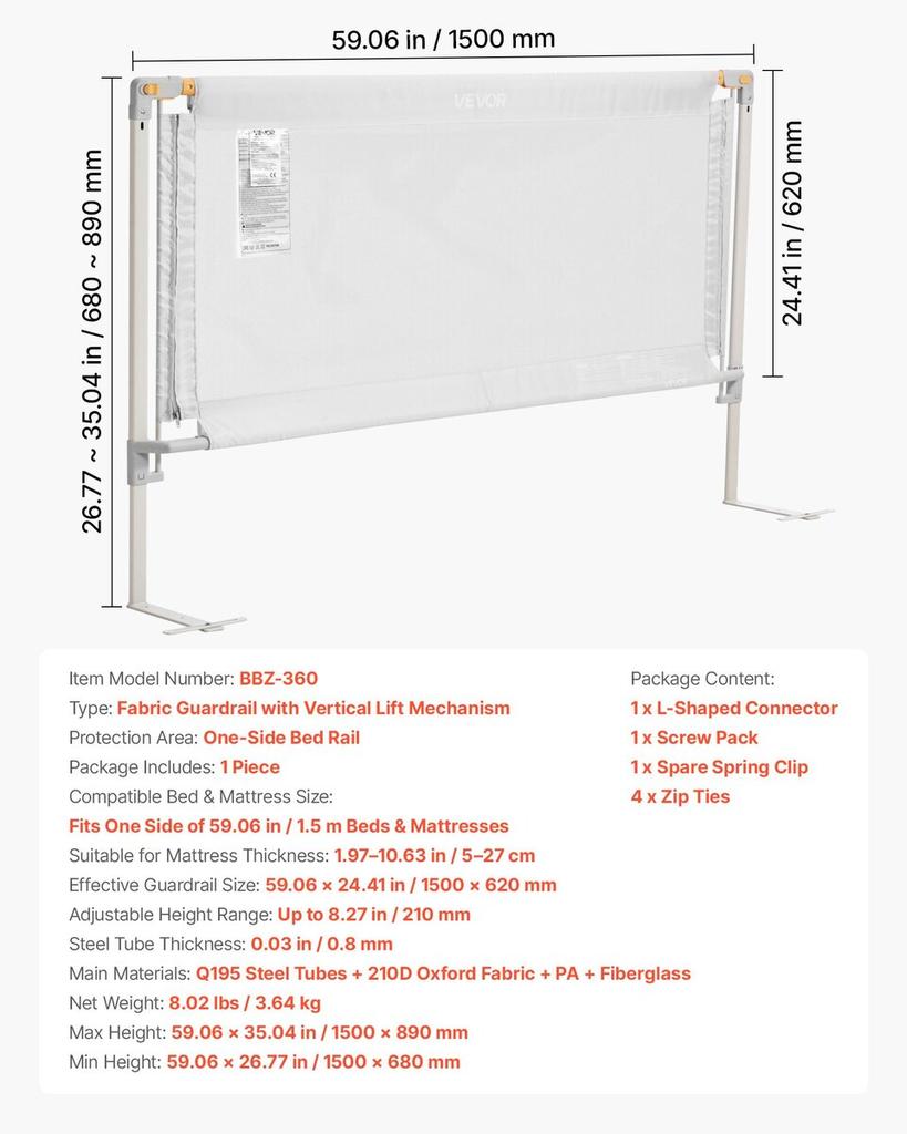 Toddler Bed Rail, Kids Beds Guard Rail with Reinforced Iron Pipe and Oxford Cloth, Adjustable Height Bed Side Railing, Portable Guard Bumper Barrier