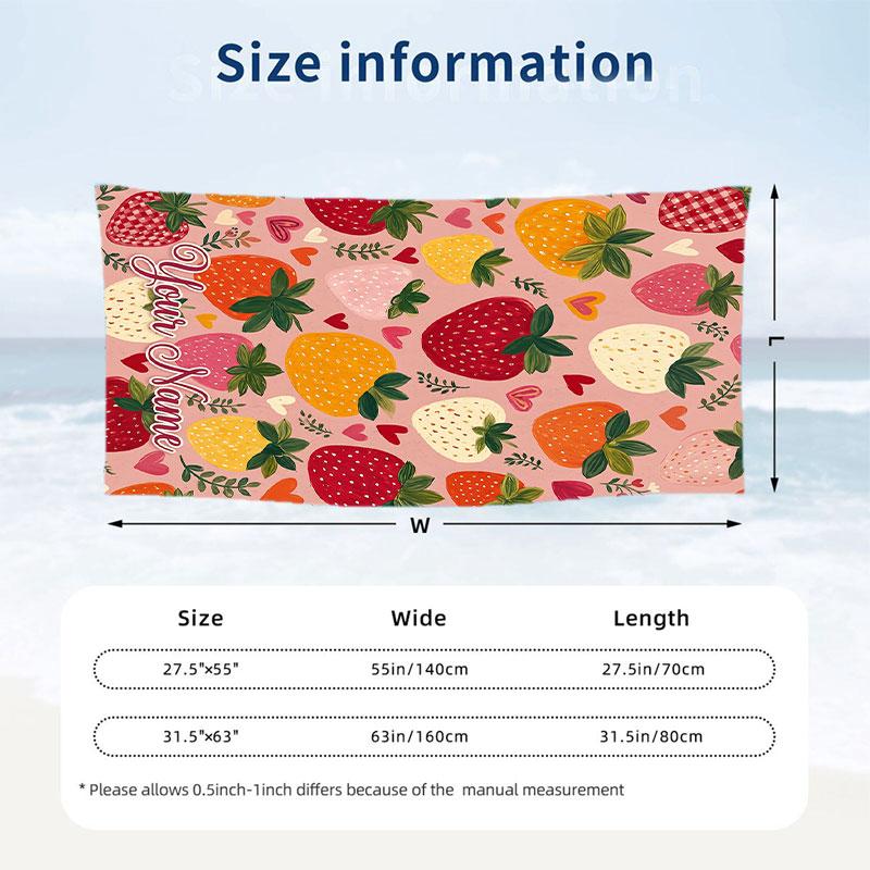 Strawberry Garden Theme Quick Dry Beach Towel Custom Name Text Print Large Sand Resistant Towel Beach Vacation