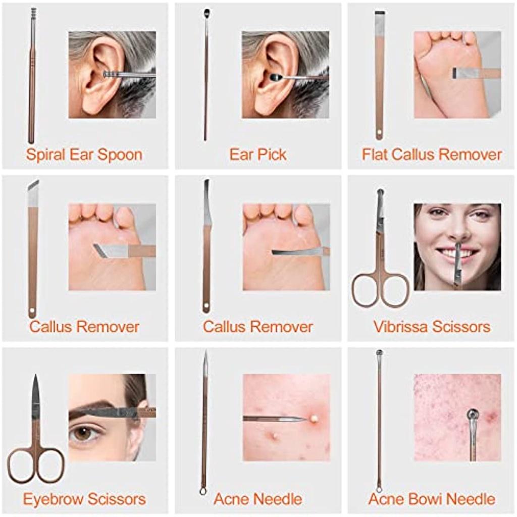 Nagelverbesserungsset aus Edelstahl in Roségold, 18-teiliges Nagelverbesserungs- und Fußreparaturset, professionelles Nagelmesser mit Lederetui