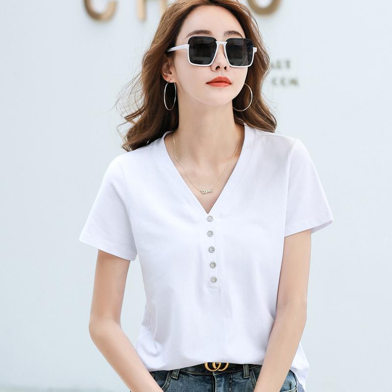 Summer Lady New Fashion Slim Solid Color Comfortable V-neck Tops Women Striped Button All-match Short Sleeve T-shirts