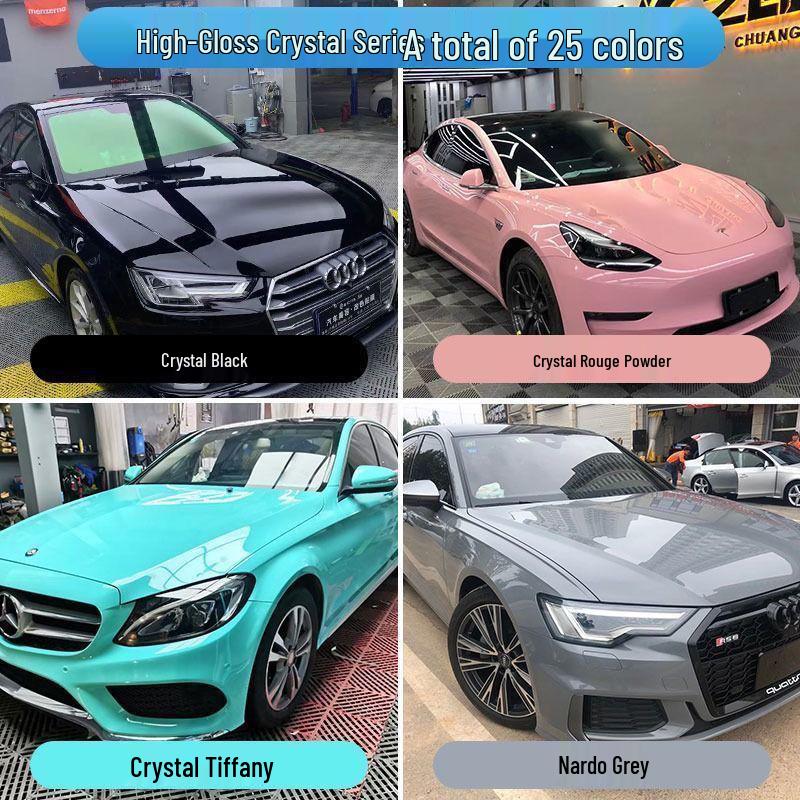 Car PET Film: Beetroot Purple, Glacier Blue, Piano White, Glossy Black - Full Vehicle Color Change Wrap.