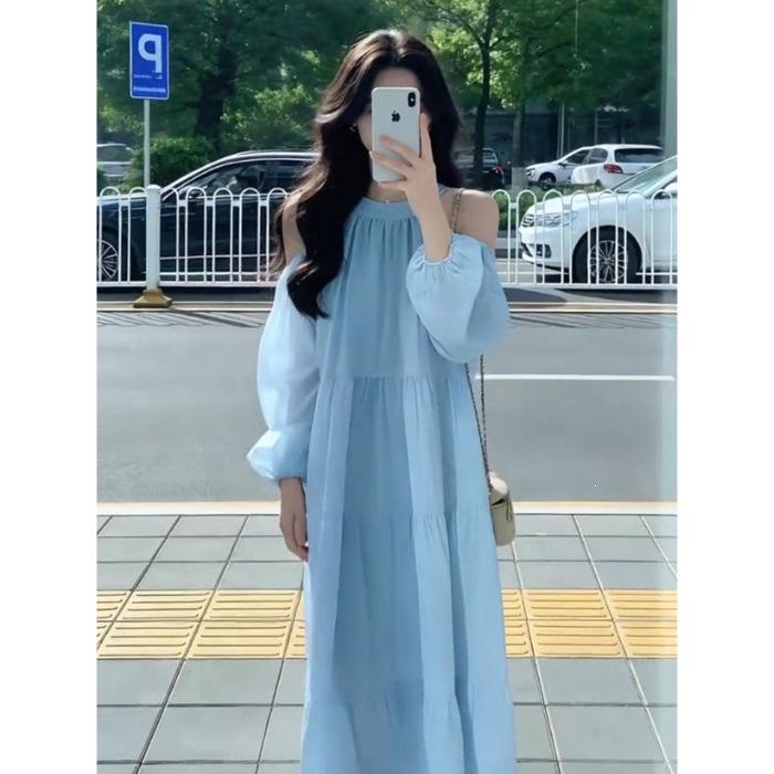 New French gentle wind sweet loose beautiful fairy long dress seaside vacation wind off-the-shoulder dress female S синий