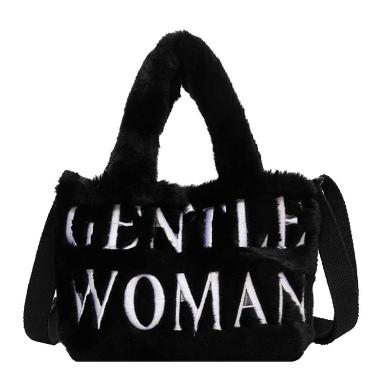 

[WANSHIX] fur bag boa shoulder bag mini tote bag English pattern embroidery ladies handbag shoulder bag Crossbody bag Smaller Fluffy Fluffy 3way cute