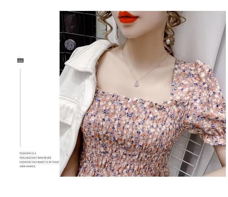 Japanese Style Floral Square Neck Chiffon Pullover Top for Women