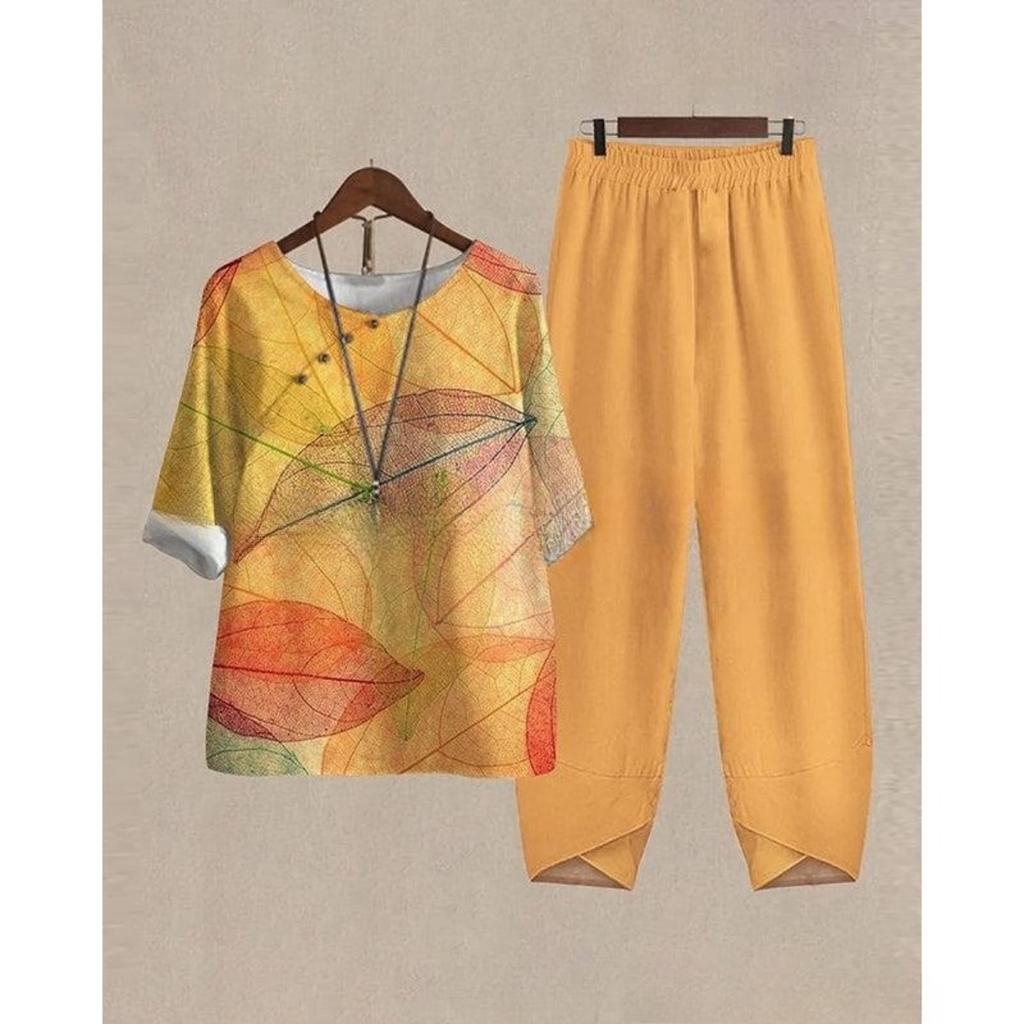 Women's Loose Fit Floral Printed Two Piece Outfit Half Sleeve T-Shirt Elastic Waist Pantsuit