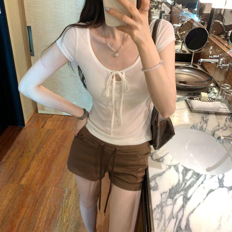 Kumikumi Design Lace-up Hollow Temperament Short sleeve T-shirt Women Summer Thin Slimming Solid Versatile Top