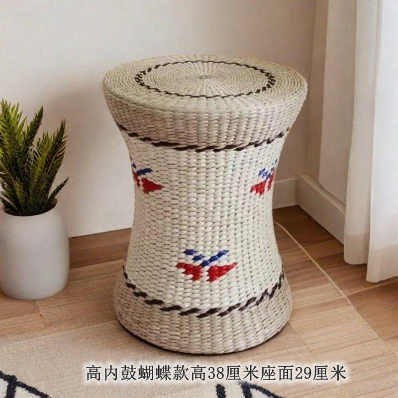 Round Rattan Ottoman Seat Cushion Handmade, Tatami Footstool, Tea Table Stool for Living Room, Low Height Chair