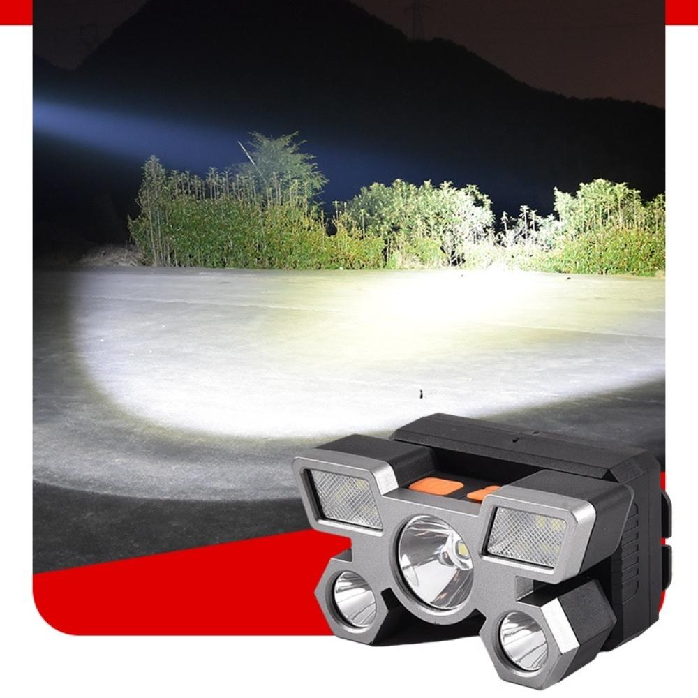 פנס ראש LED חזק חמישה ראשים טעינת USB פנס ראש קטן מותקן על הראש מנורת כרייה חיצונית