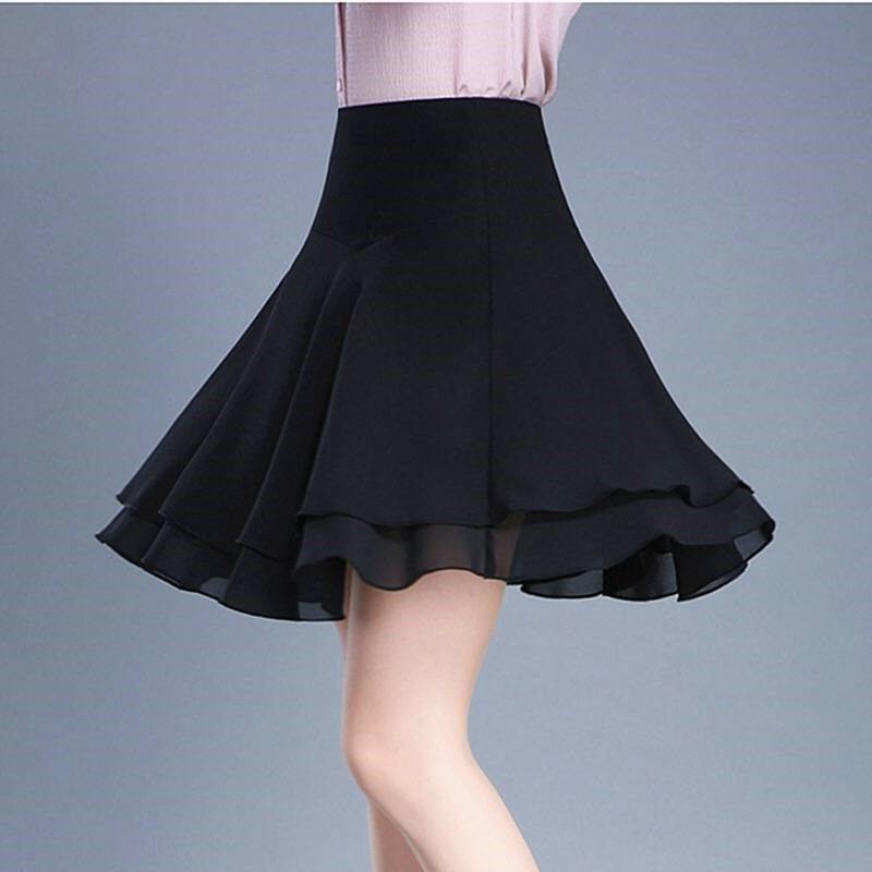 Korean Fashion Women Chiffon Skirts Summer Office Lady All-match Double Layer With Lining Elastic High Waist Black A-line Skirt
