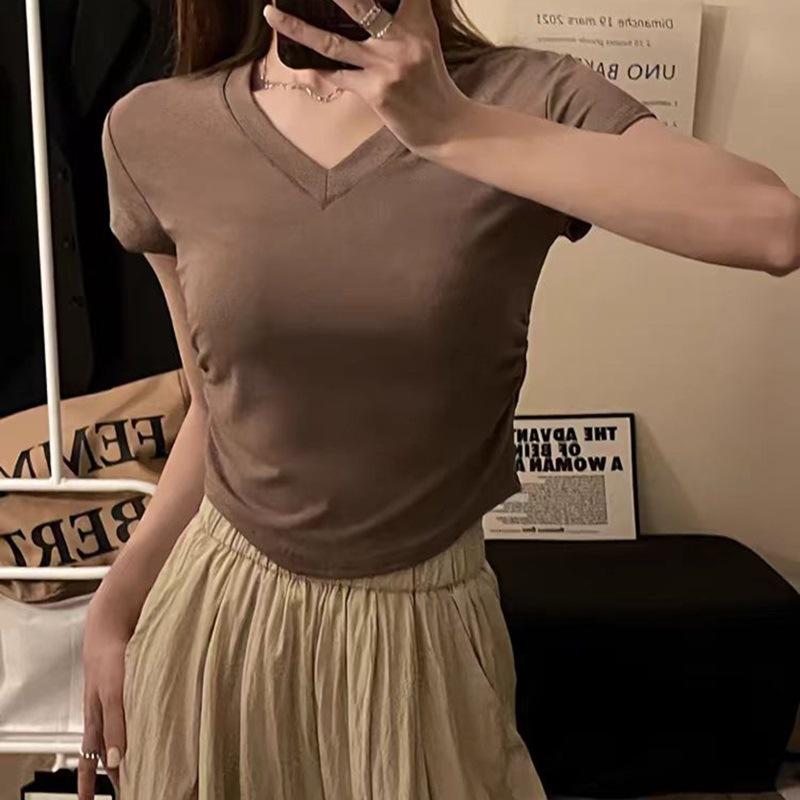 Letní francouzský pas design přední rameno krátký rukáv tričko dámské slim-fit krátké véčko spodní tričko, tenký top dámské oblečení