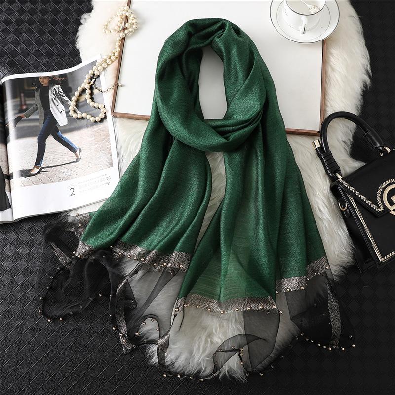 Fashion New Women Silk Cotton Blend Scarf Shawl Plain Soft Wild Beaded Turban Match Luxury Ladies Travel Sun Protection Scarves