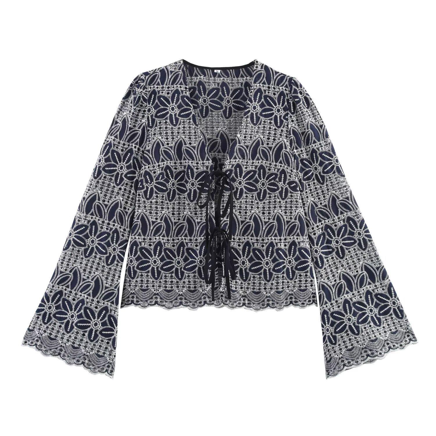 

Весна 2025 Женский вышитый топ с рукавами-колокольчиками: Европейский и американский повседневный этнический стиль Medium