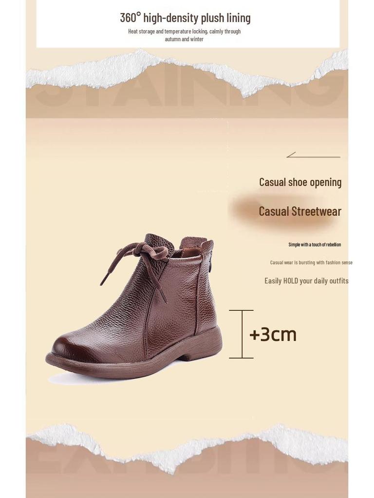 Women's Retro Cowhide Ankle Boots: Chunky Heel, Thick Sole, Genuine Leather, Plus Velvet, Winter Design
