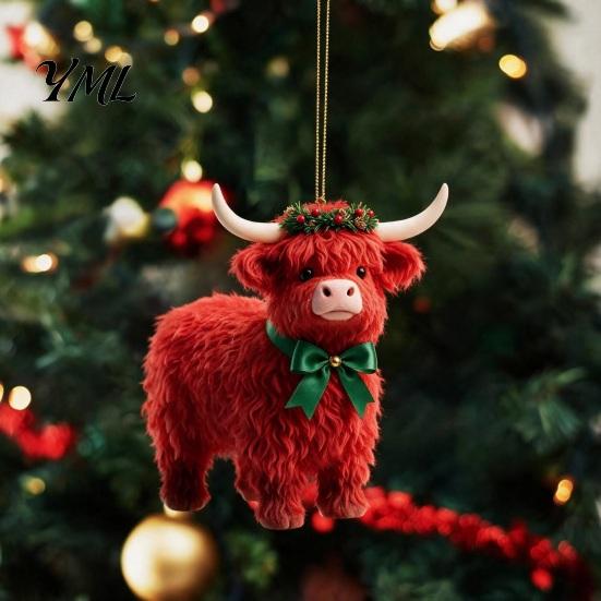 Flat Acrylic Ornaments for Christmas Tree Highland Yak Ornament Hanging Decor, Cute 2D Reusable Pendant Home Decor with Gold String Holiday