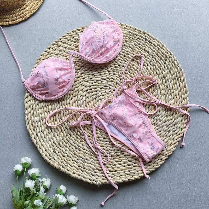 

Пуш-ап бикини Сексуальный женский купальник Купальник Женский комплект бикини Бикини Блестящая сетка Купальный костюм Купальные костюмы Пляжная одежда L розовый