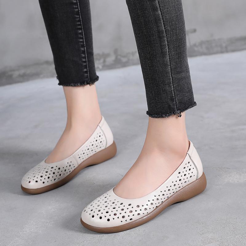 

Fashion GKTINOO White Genuine Leather Ladies Breathable Summer Shoes Women Flats Slip-On Loafers Round Toe Soft Flat Shoes Casual 245