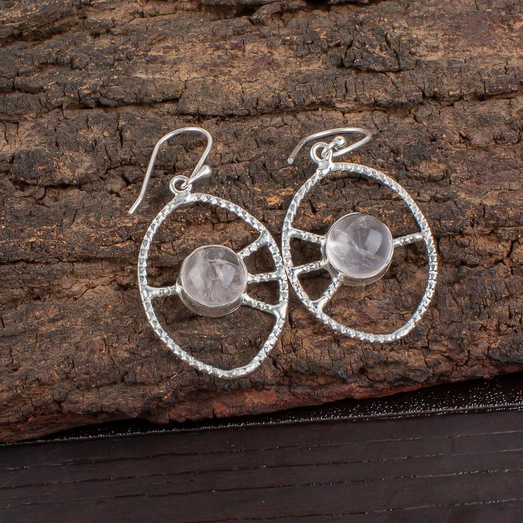 Rose Quartz Gemstone 925 Sterling Silver Jewelry Handmade Earrings 2.00" For Her EE-52-20