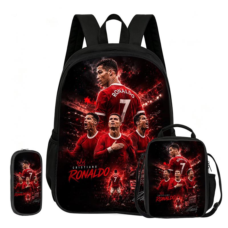 Zaino Sportivo Calcio Set 3 Pezzi Ronaldo Zaino Scolastico Imparare, Borsette da Viaggio per Matite, Borsa Pranzo, Zaino Stella del Calcio