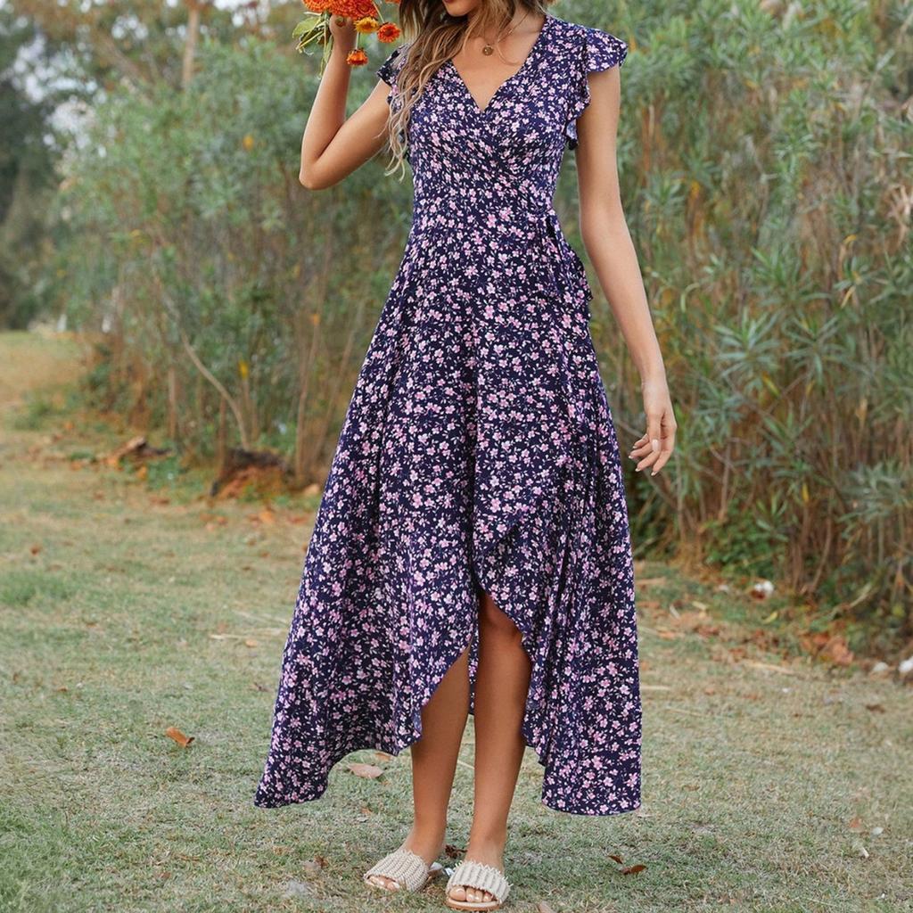 Women's Summer Floral High Waist Bohemian Dress Casual Hawaiian Flowing V Neck Holiday Dress