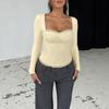 Women Sexy European Style Lace Long Sleeve Solid Color Slim Fit Pullover Top
