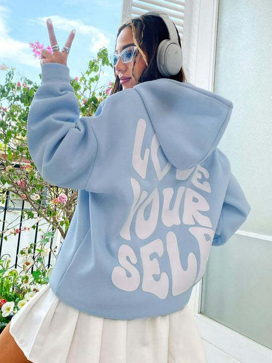 Women's Harajuku Fleece Hoodie with Back Letter Print