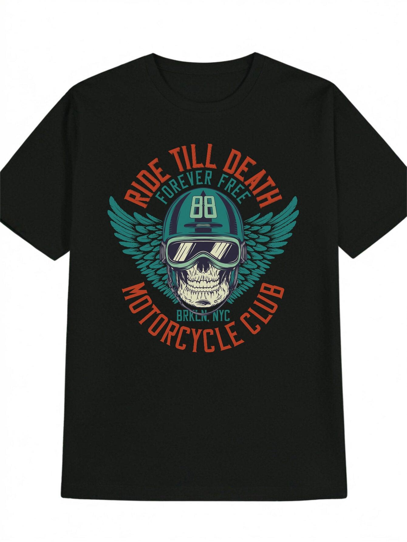 Casual Versatile Round Neck T-shirt with Skull and Green Helmet Print XL