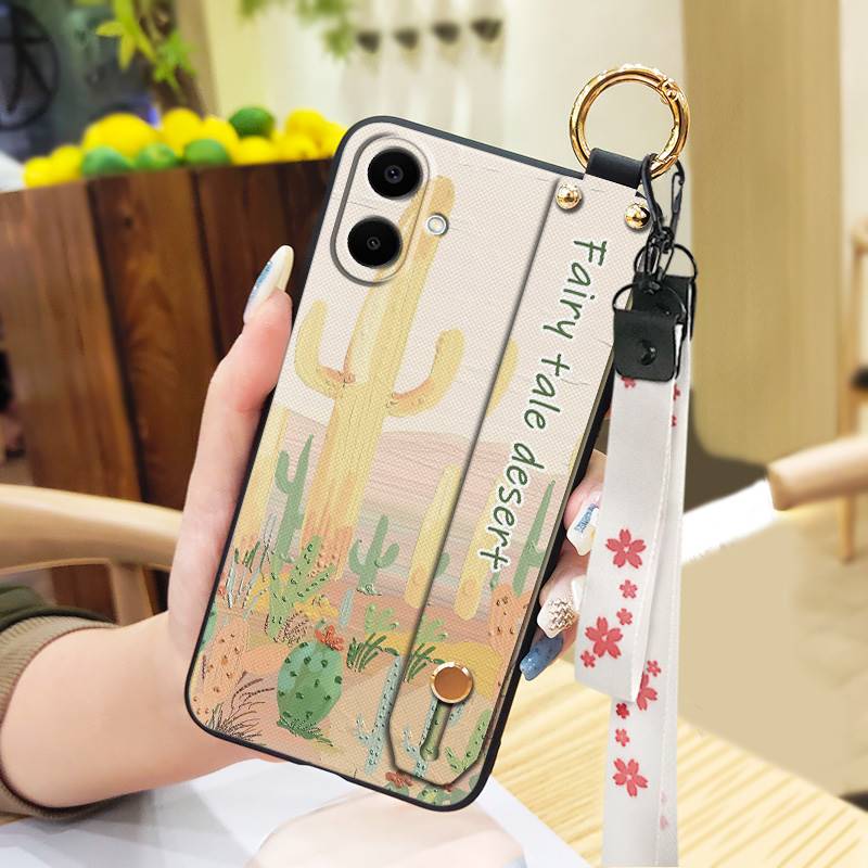 Durable Back Cover Phone Case For Samsung Galaxy A07 Flower Silicone Anti-knock Wrist Strap Shockproof Lanyard Anti-dust