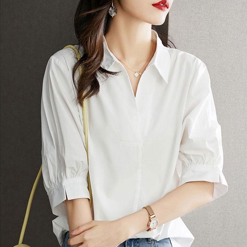 Basic Solid Color Loose Blouse Summer Thin Office Lady V-Neck Korean Women's Clothing Stylish Button Casual Half Sleeve Shirt