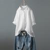 Women's Cotton And Linen Lace Solid Color Button Up Shirt Upper Hem Short Sleeve