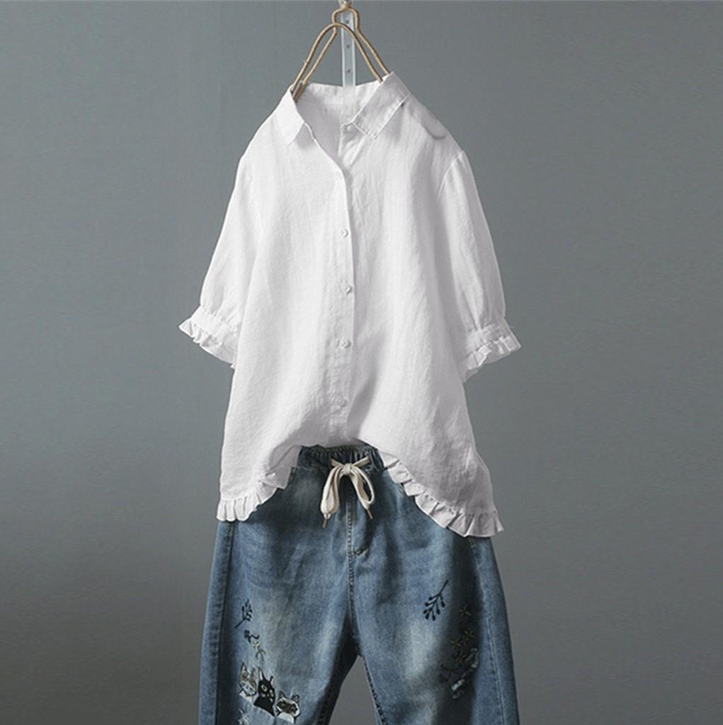 Women's Cotton And Linen Lace Solid Color Button Up Shirt Upper Hem Short Sleeve