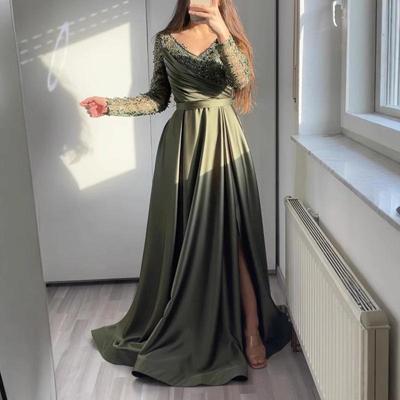 Elegant Green Ruffle Lace Mid-Waist Long Evening Dress