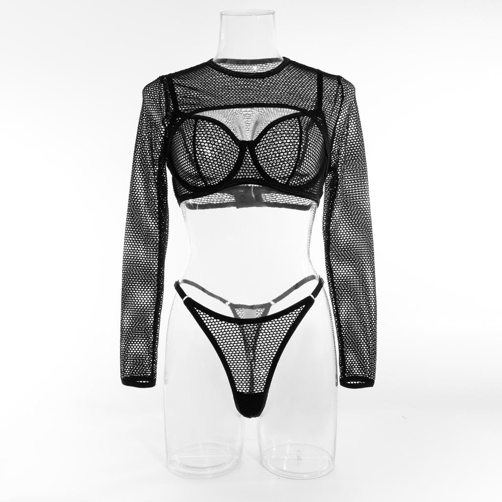 Ästhetisches Y2k Mesh Hollow Out BH-Sets Solider Tanga Lange Ärmel Ultrakurze Bluse Sexy Fun Dreiteiliges Uniform-Set