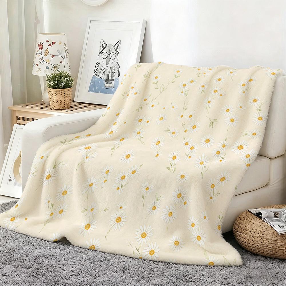 1pc Fresh Little Daisy Flannel Blanket, Single-sided Print Featuring White Daisies with a Natural, Pastoral Vibe. Lightweight Texture, Easy to Store,