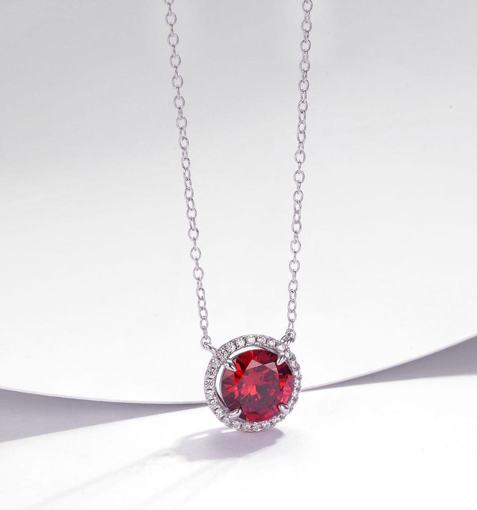 Zhou Hengfu S925 Silver Round Pendant Necklace with Pigeon Blood Red and Diamond Inlay
